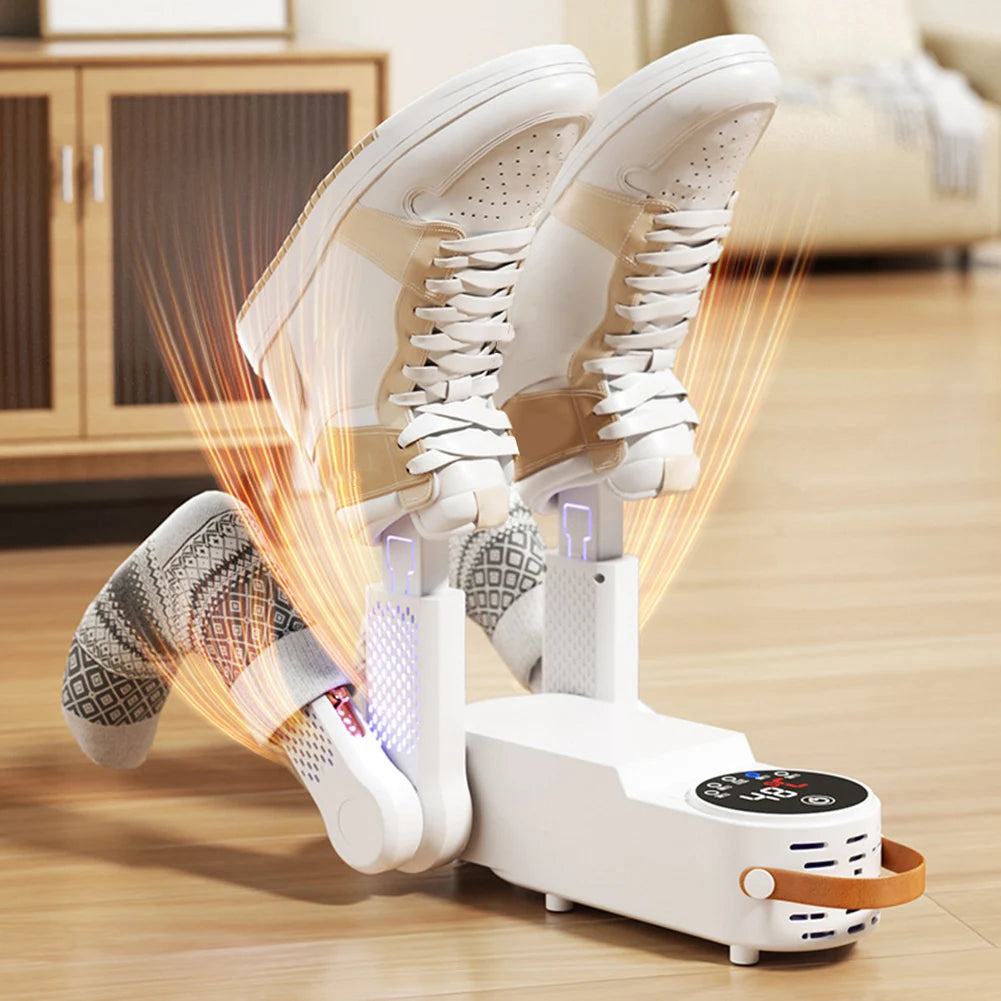 Electric shoe dryer with a timer and temperature control.